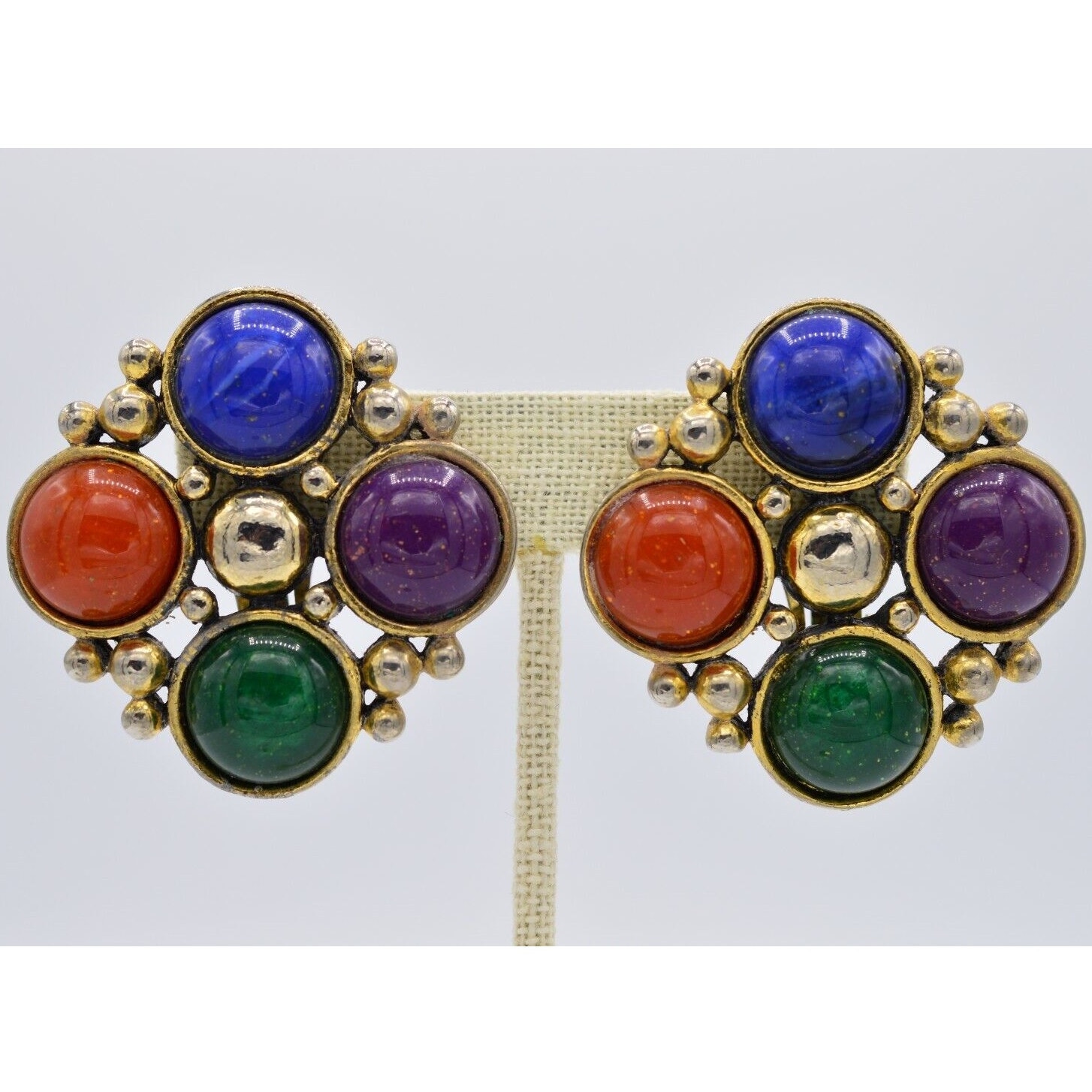 Dauplaise Vintage Cabochon Clip On Earrings Multi-Color Chunky Signed 1980s 9c